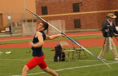 Adam Gockel throwing Javelin on his way to a state A qualifying mark in the Decathlon.